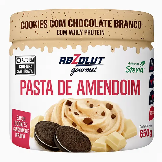 Pasta de Amendoim Cookies com Chocolate Branco 650g Crocante, Proteica, Sem Açúcar e Cremosa Absolut