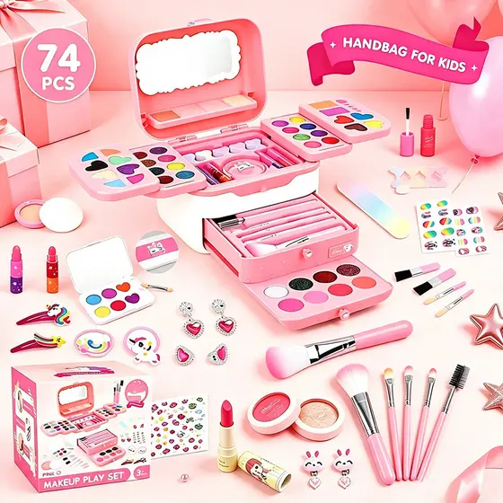 Kit Maquiagem Infantil Brinquedo 74 Peças Lavável Estojo com Espelho, Presente de Aniversário para Meninas