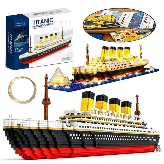 Kit 2155 Peças Conjunto De Blocos De Construção Titanic Com Faixa De Luz Led E Iceberg
