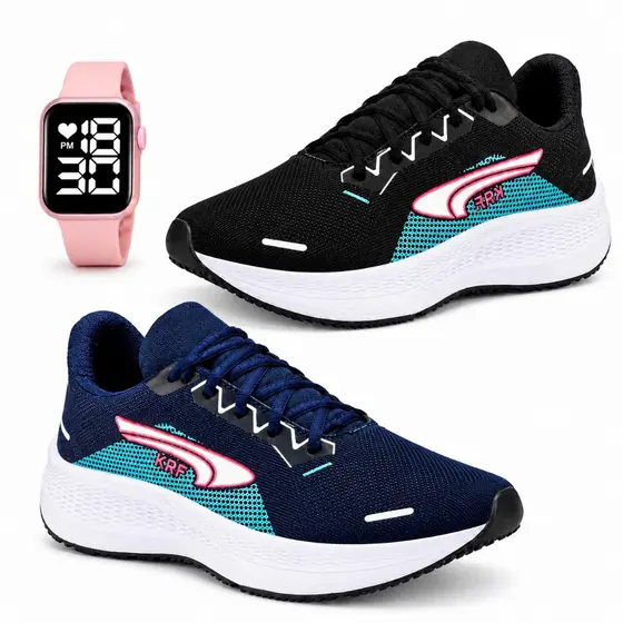 Kit 2 Pares Tênis Feminino Esportivo + 1 Relógio Digital| Leve, Confortável e Moderno | Academia, Caminhada e Treino