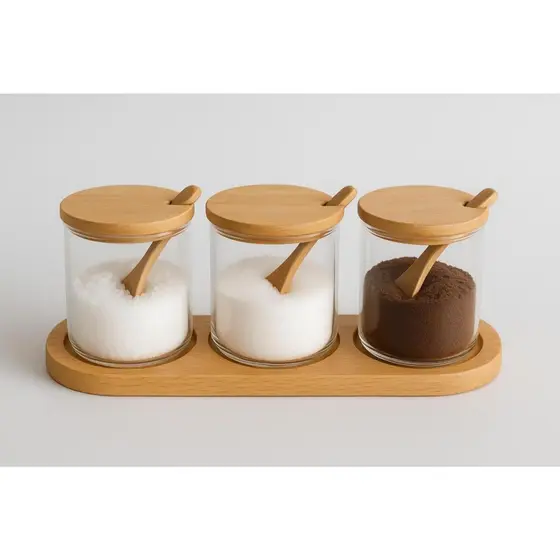 Kit 3PÇ porta condimentos e organizador de temperos de vidro tampa e colher de bambu