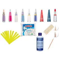 KIT MANICURE ACOMPANHA 1 ACETONA DE 100ML 1 ALGODÃO COTTON 40G 10 PALITO 10 LIXA CANÁRIO 1 ESMALTE
