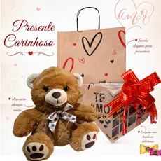 Cesta/Kit Presente - Urso Pelucia, Coração MDF e Chocolate - Aniversário/Namorados/Mãe/Professora