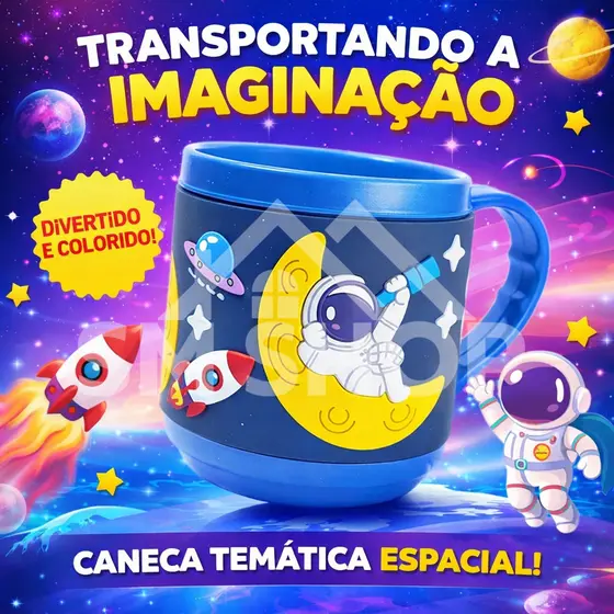 Copo Xicara Criança Infantil Astronauta com Alça e com Detalhes em Alto Relevo Emborrachado 250 ml