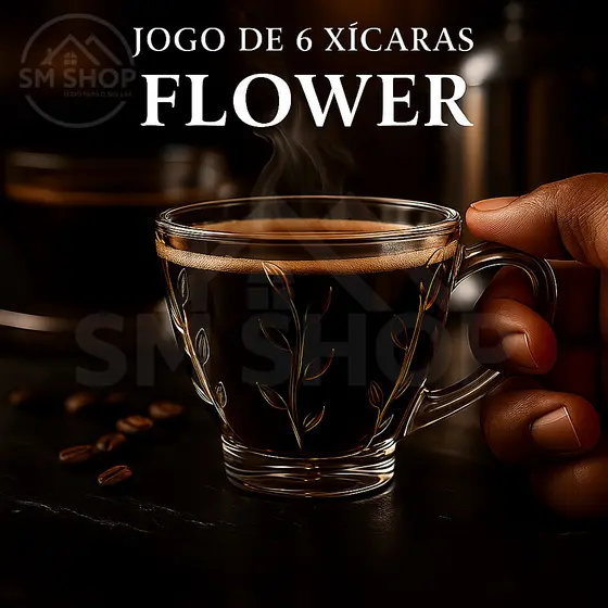 Jogo 6 Xícaras Café Chá de Vidro Transparente Resistente Elegante Mesa Flower 200ml S/Pires - Dumiat