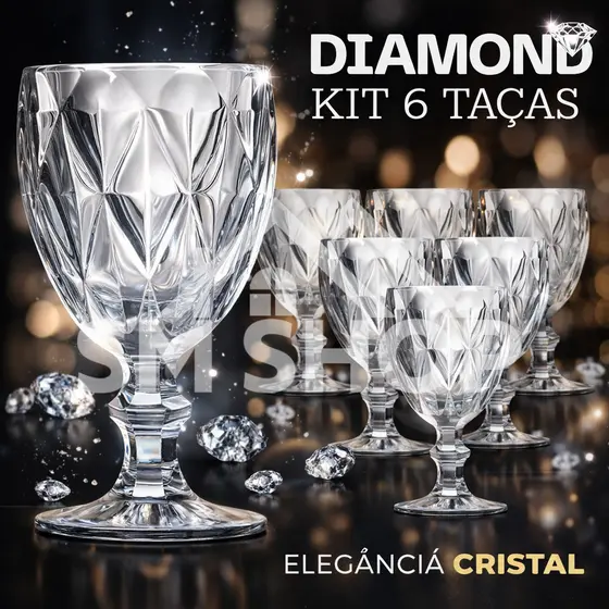 Jogo 6 Taças Efeito Diamond (Lapidado) Vidro Resistente Transparente  340ml Para Água Vinho | GAMMA