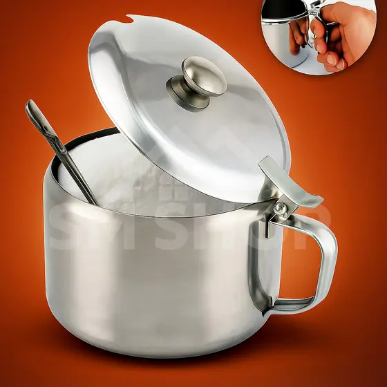 Açucareiro Em Aço Inox Com Capacidade 350 ml com Colher e Tampa Para Café – Elegância + Praticidade