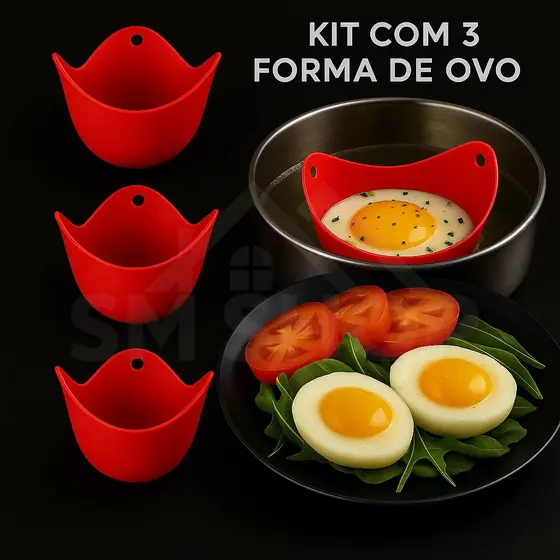 Kit 3 forma Silicone Ovo Pochê Sem Óleo Cozinhar Cozimento Saudável Livre Bpa Banho Maria Vermelho