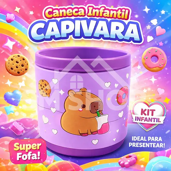 Caneca Infantil Personagem Capivara Emborrachada Alto Relevo 3D Leve e Resistente Roxa 200ml