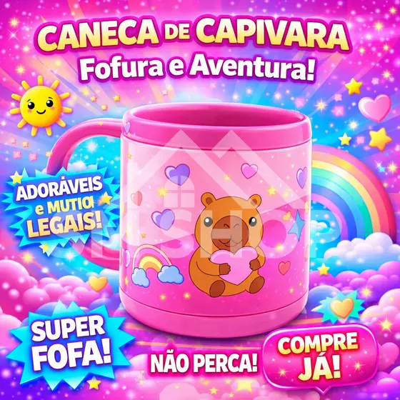 Caneca Infantil Personagem Capivara Emborrachada Alto Relevo 3D Leve e Resistente Rosa 200ml