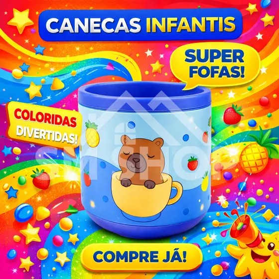 Caneca Infantil Personagem Capivara Emborrachada Alto Relevo 3D Leve e Resistente Azul 200ml