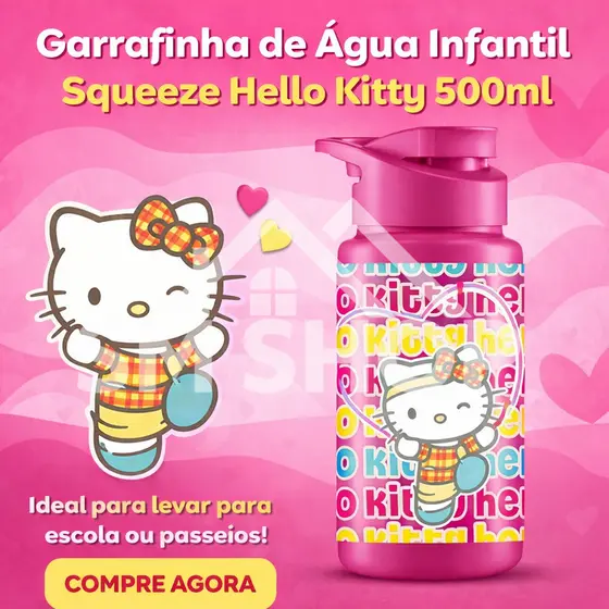 Squeeze Garrafinha de Água Infantil Hello Kitty 500ml Plástico BPA Free Creche Lancheira Escolar