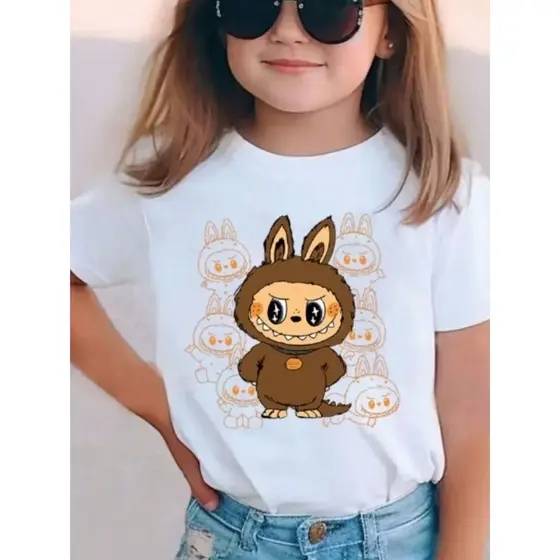 camiseta infantil Unissex Labubu tendência Virginia com malha algodão 30.1