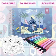 Livro de Colorir Stitch com 30 Adesivos + 12 Canetas Coloridas Capa Dura 48 Folhas