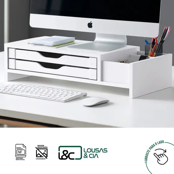 Suporte Base Monitor Mesa Ergonômico 2 Gavetas + 3 Nichos Home Office Organização