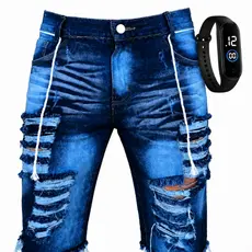 Bermuda Jeans Masculina Rasgada Desfiada Lycra  + Relogio esportivo Envio hoje envio imediato