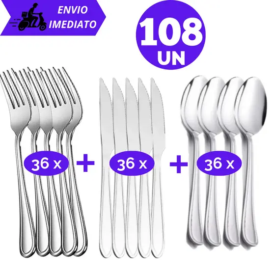 Kit com 108/96/48 Pçs Jogo de Talheres Garfos e Facas e Colheres Aço Inox Premium Conjunto Talher