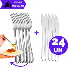 Kit 24 Peças Jogo de Talheres 12 Garfo e 12 Faca de 100% Aço Inox Premium Conjunto Talher Faqueiro