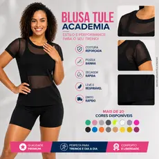Blusa Tule Feminina Academia Fitness Transparente Sobreposição Fitness Camiseta de Telinha Treino