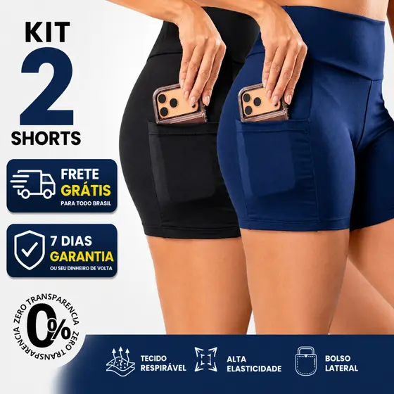 2 short Academia Feminina Com Bolso Lateral Suplex Premium