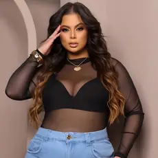 Body De Tule Plus Manga Longa Transparente Blusa Balada