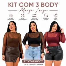 Kit 3 Body Feminino De Tule Manga Longa Transparente