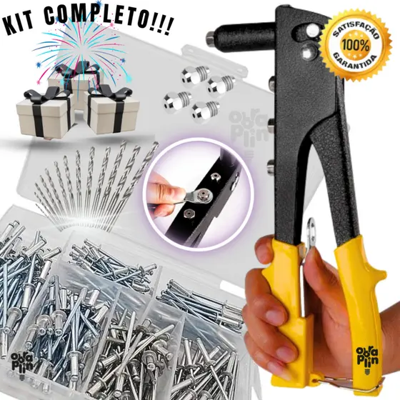 Rebitadeira Profissional Alicate Rebitador Manual + 100 Rebites + Broca Aço 4mm Ferramentas