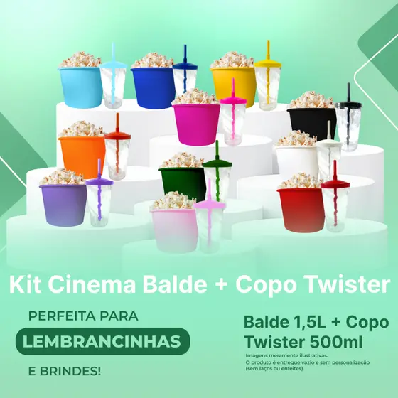 Kit Cinema 20 Balde 1,5L Pipoca + 20 Copo Twister 500ml - Transparente