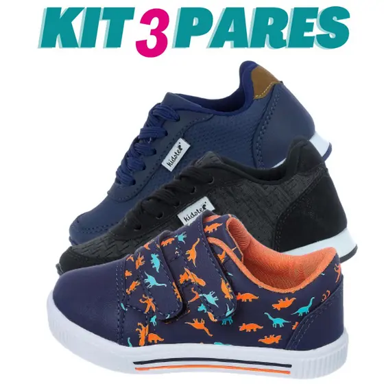 Kit 3 Pares de Tenis Infantil Menino Dinossauri e Jogging Escolar Kidstep