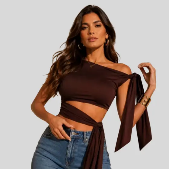 Blusa Cropped Feminino Amarração Top Lado Unico Suplex Moda Casual Estilo Festa Dia A Dia