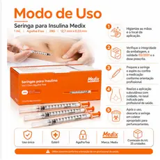Kit 100 Unidades Seringas de Insulina 1ml 12,7mm X 33mm 29G Medix Agulha Fixa Estéril