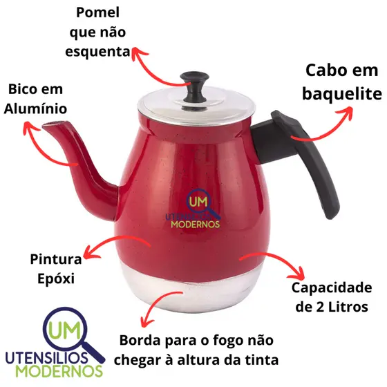 Bule De Alumínio Nº 18 1,5 Litros Vermelho Para Café Chá Leite Água Com Tampa