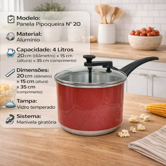 Pipoquiera nº20 4 Litros Panela Pipoqueira Aluminio Vermelho Aluminio Amj