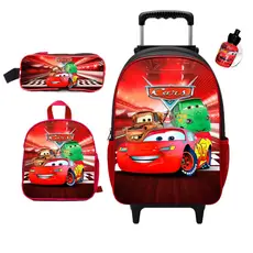 Mochila Escolar de rodinha Carros + Lancheira Térmica + Estojo