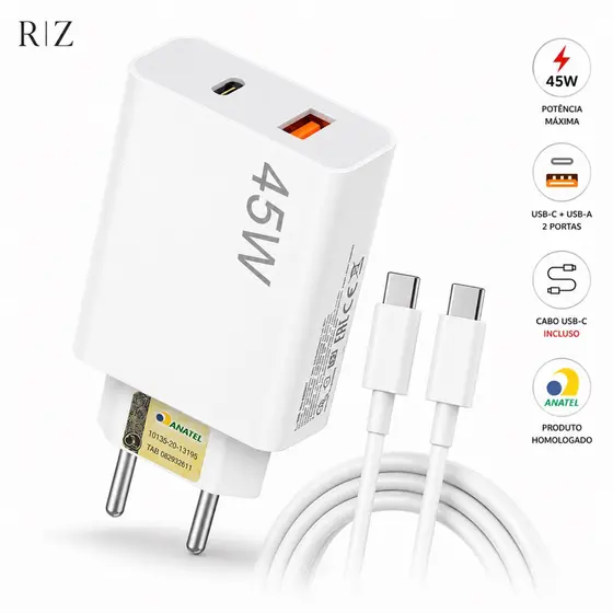 Carregador Turbo 45W USB-C + USB-A com Cabo USB-C Incluso | iPhone 15/16/17 e Android Compatível