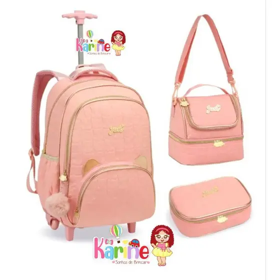 Kit Mochila de Rodinhas Lancheira Estojo Gatinho DENLEX/Mochila Juvenil com Rodinhas/Mochila para Menina/Mochila gatinho