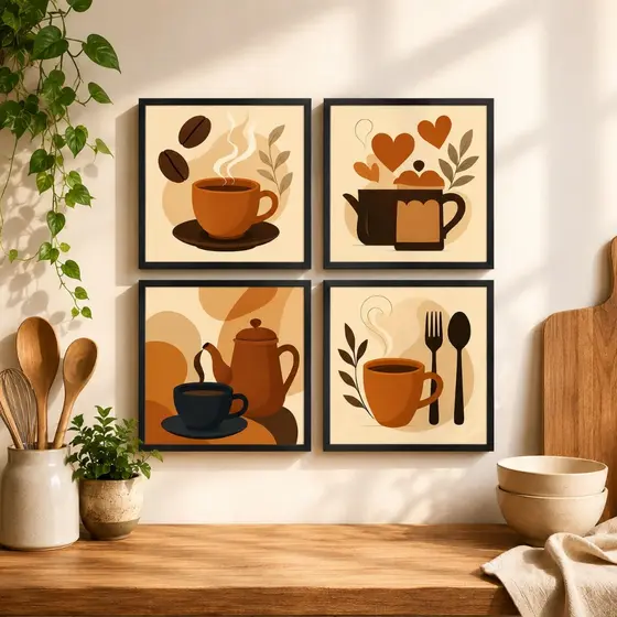 Kit 4 Quadros Decorativos Cantinho do Café Cozinha Gourmet