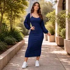 Conjunto Vestido Alça Fina Midi Canelado C Casaco Cardigan Feminino Longo Moda Evangélica Blogueira
