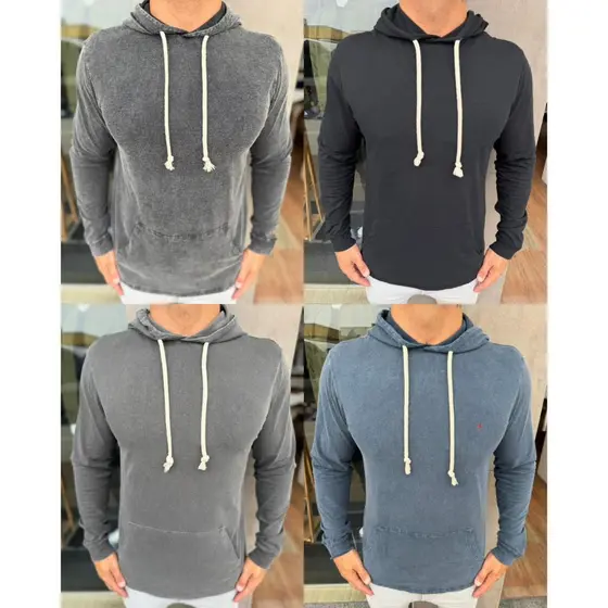 Camisa masculina manga longa com capuz bolso canguru estonado do P ao GG