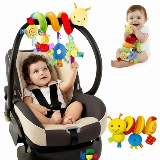 Móbile Espiral Lagarta de Pelúcia Bebê Sensorial Chocalho Carrinho Berço Educativo Pronta Entrega