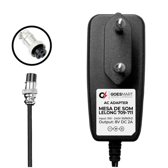 Fonte Carregador Adapter Para Mesa De Som Lelong Le 711 8v 2