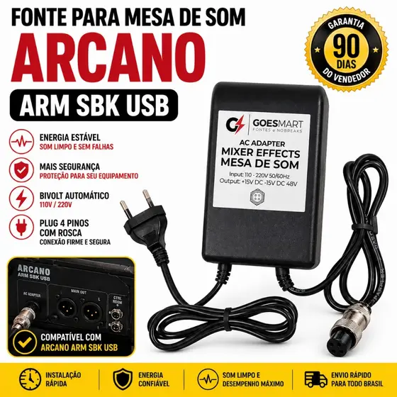 Fonte Carregador 15V 48V Mesa de Som Arcano ARM-SBK USB
