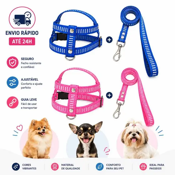 Coleira Peitoral Com Guia Para Cachorro Pet Porte Pequeno Kit Peitoral com Guia para Cachorro Nylon Regulável