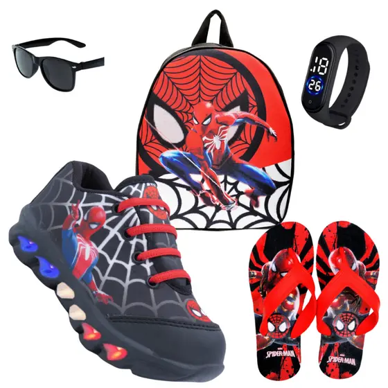 Kit tenis de LED infantil  Aranha masculino mais Chinelo mais Mochila mais Relogio e Oculos