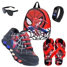Kit tenis de LED infantil Aranha masculino mais Chinelo mais Mochila mais Relogio e Oculos