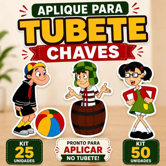 Aplique para Tubete Chaves 9cm Kit 25 ou 50 Unidades Kiko Chiquinha Papel 180g Festa