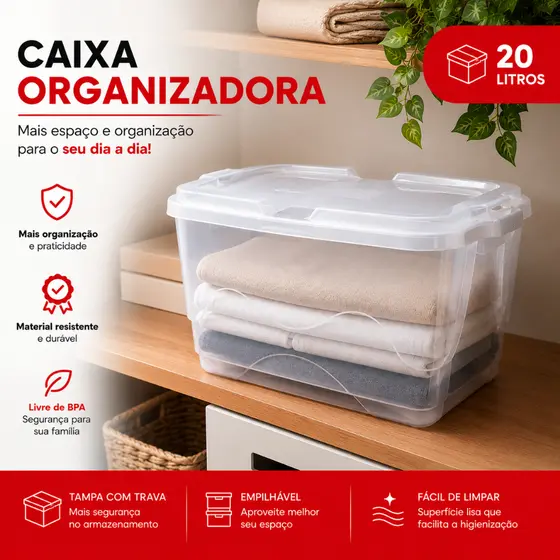 Kit 4 Caixas Container Organizadoras 20L Transparente de Plástico Guardar Brinquedos Roupas Livros