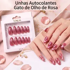 Unhas Postiças Formato Amêndoa Brilhante Gel Autocolante Olho de Gato e Linha Francesa Varias Cores