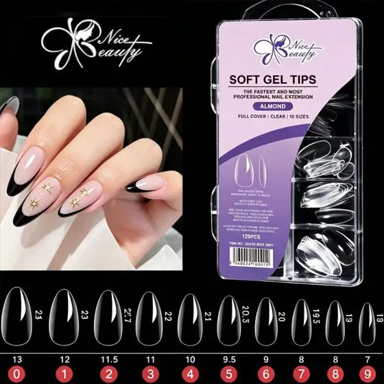 KIT120 Postiças de Unha Soft Gel Almond Transparente 10 Tamanhos Ideal para Alongamento Profissional