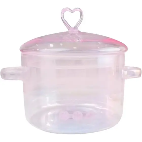 Panela de vidro com tampa e alça, panela de vidro transparente para sopa, macarrão, comida para bebê, rosa, 1500ML